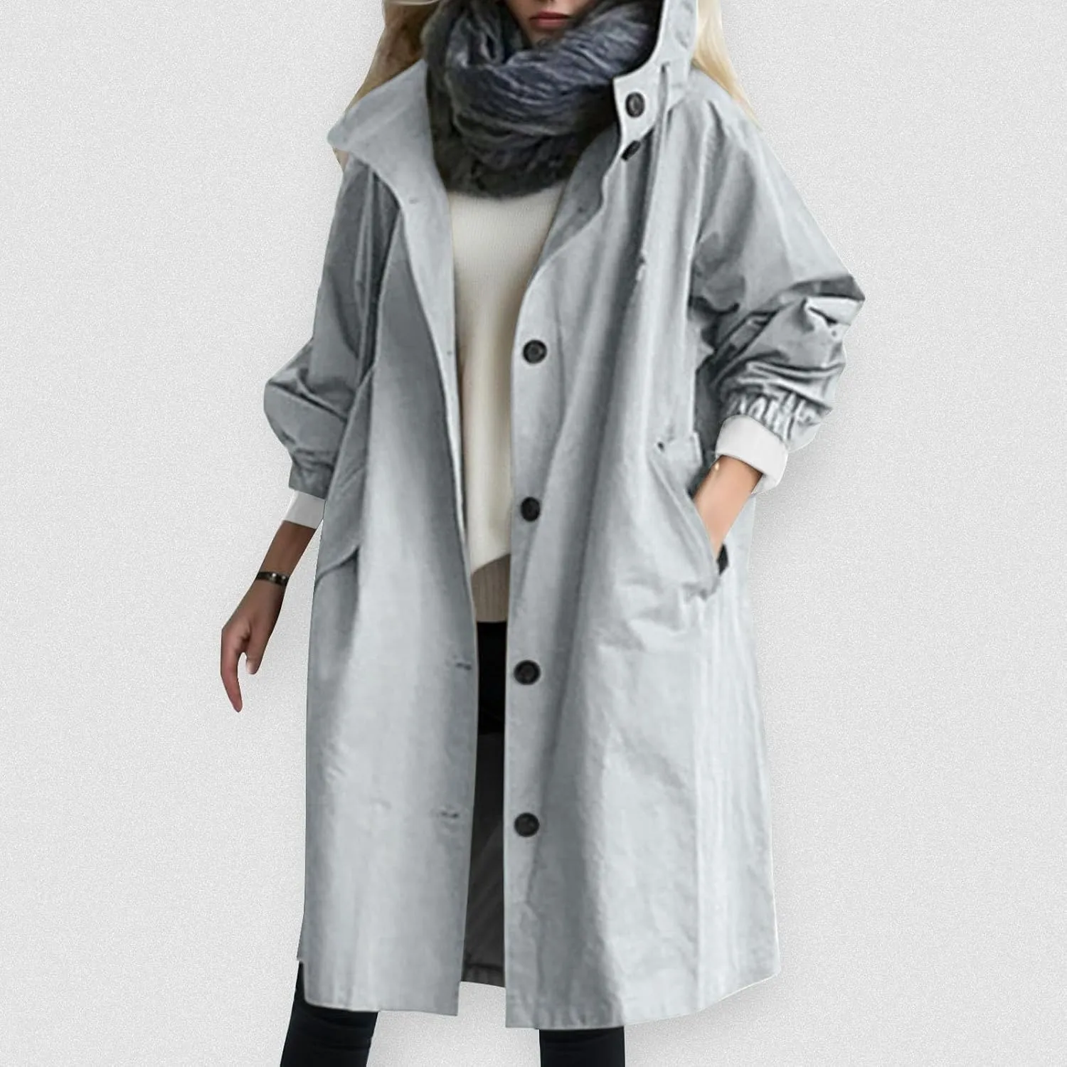 Trench Coat Women,2025 Winter Trendy Button Hooded Windbreaker Casual Loose Long Sleeve Oversized Fall Overcoat