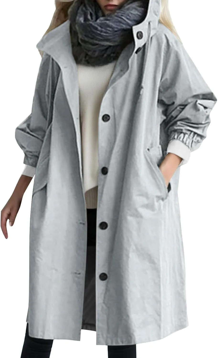 Trench Coat Women,2025 Winter Trendy Button Hooded Windbreaker Casual Loose Long Sleeve Oversized Fall Overcoat