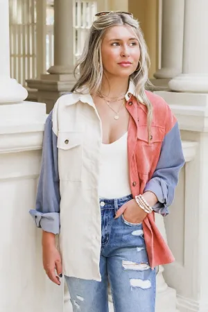 Trust Your Heart Color Block Corduroy Jacket - Marsala/Blue