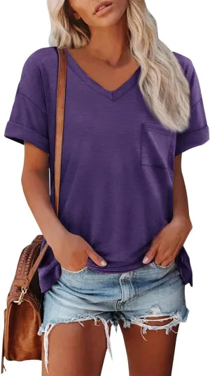 Tshirts Shirts for Women Short Sleeve Comfy Roll Tops with Pocket Casual V Neck Slim Fit Daily Gym Workout Blouses