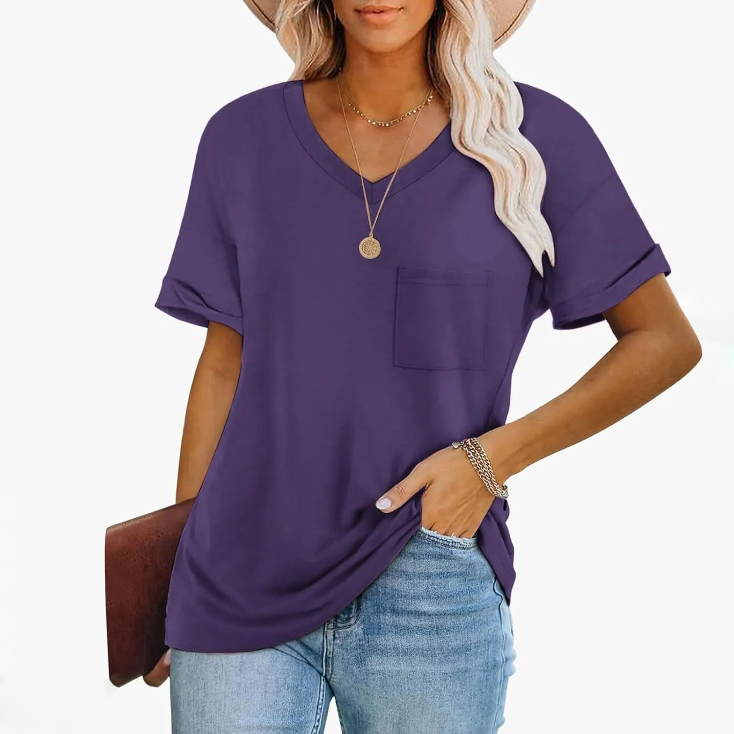 Tshirts Shirts for Women Short Sleeve Comfy Roll Tops with Pocket Casual V Neck Slim Fit Daily Gym Workout Blouses