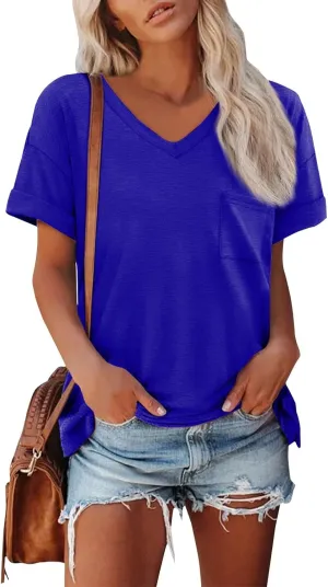 Tshirts Shirts for Women Short Sleeve Comfy Roll Tops with Pocket Casual V Neck Slim Fit Daily Gym Workout Blouses