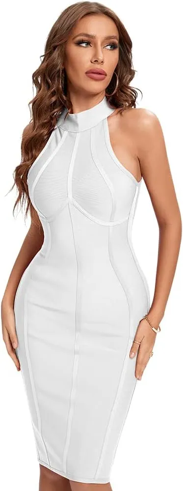 Turtleneck HLBandage Bodycon Striped Bandage Dress