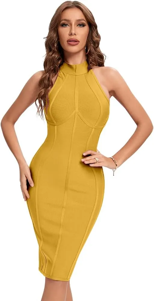 Turtleneck HLBandage Bodycon Striped Bandage Dress