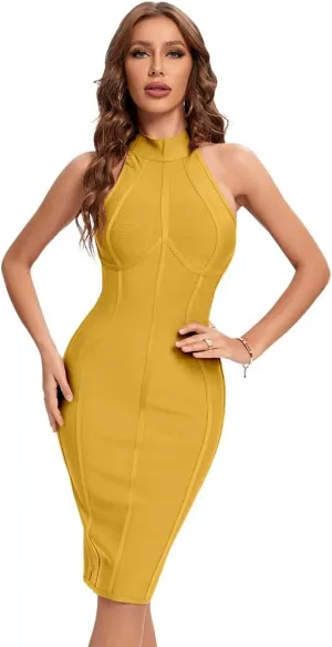 Turtleneck HLBandage Bodycon Striped Bandage Dress