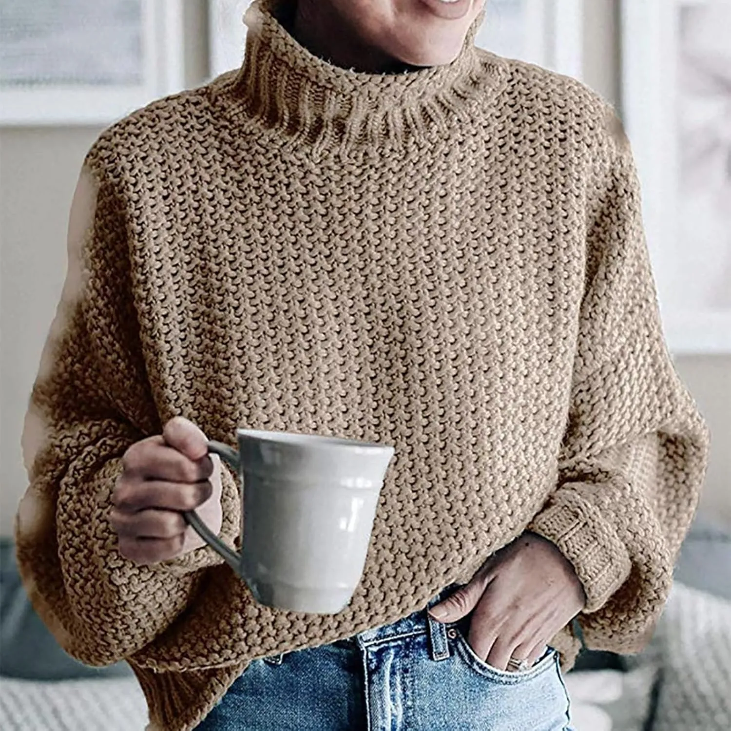 Turtleneck Long Sleeve Shirts Long Sleeve Knit Solid Color Sweater Pullover Top Long Sleeve Shirts for Women Plus