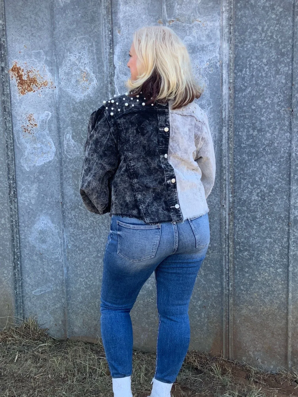 Two-Tone Bejeweled Corduroy Shacket