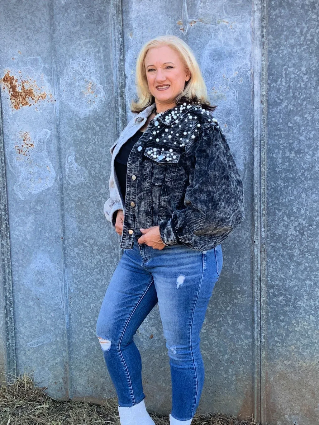 Two-Tone Bejeweled Corduroy Shacket