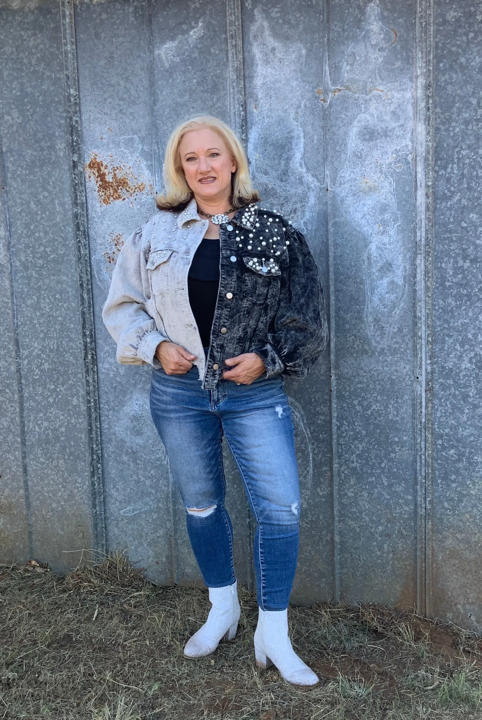 Two-Tone Bejeweled Corduroy Shacket