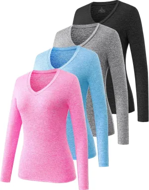 Ullnoy Women's Long Sleeve V Neck T Shirts Long Sleeve Workout Tops for Women V Neck Moisture Wicking Long Sleeve Tee Pack