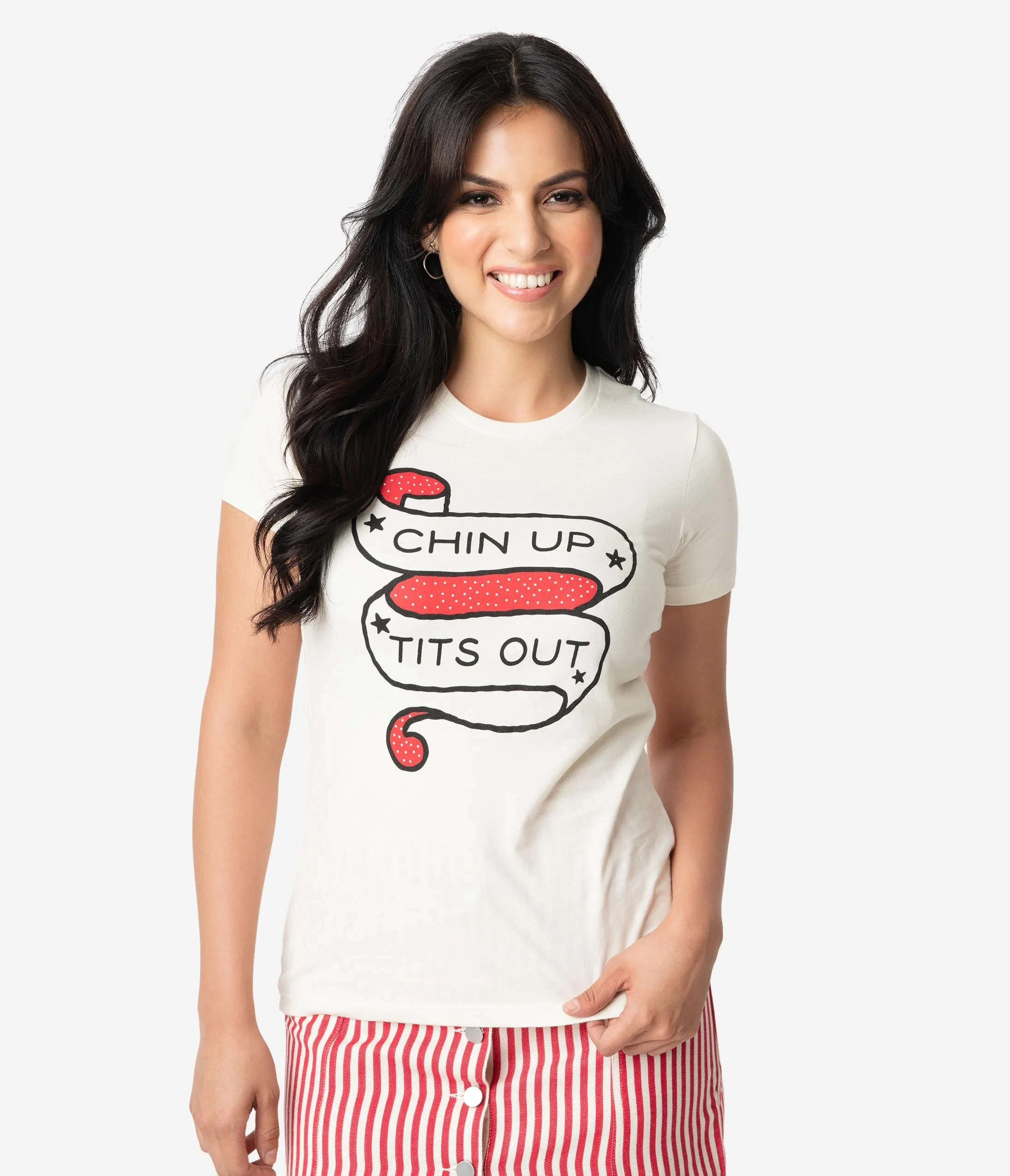 Unique Vintage Cream Cotton Chin Up Tits Out Womens Tee