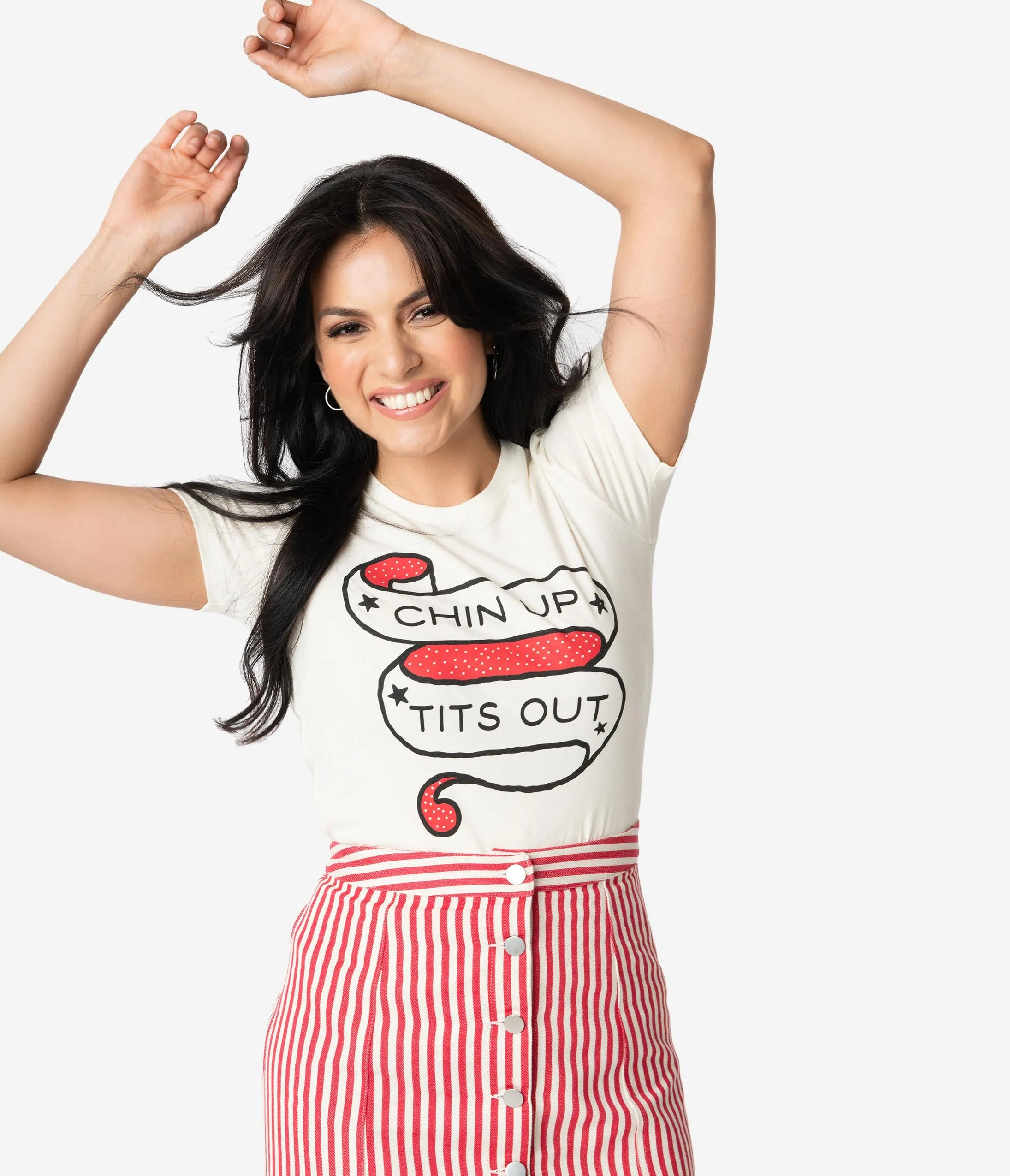 Unique Vintage Cream Cotton Chin Up Tits Out Womens Tee