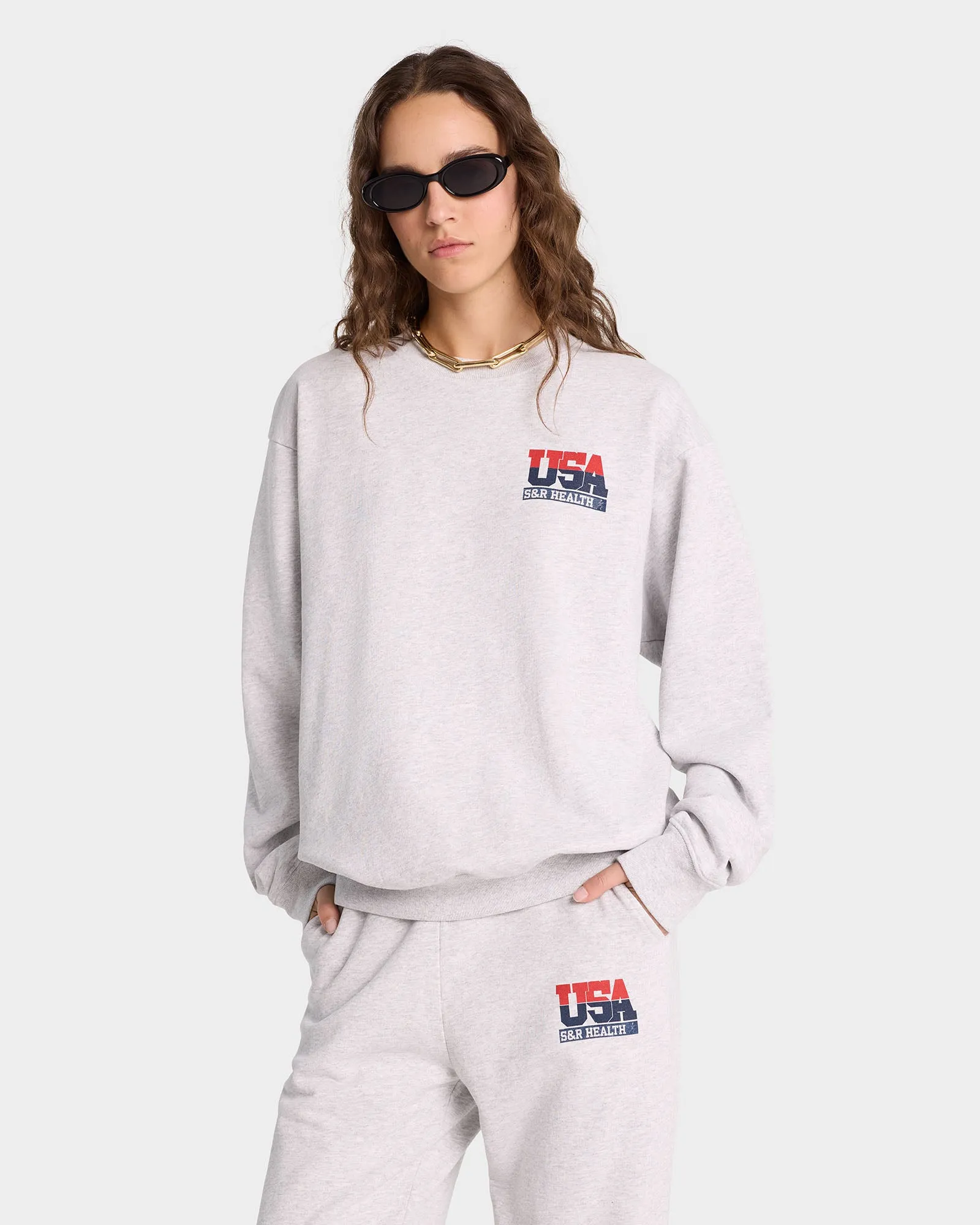 USA Crewneck - Heather Gray/Navy/Sports Red