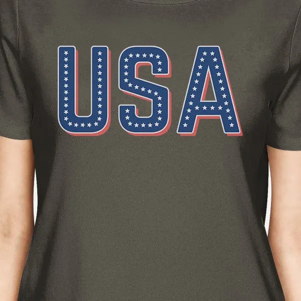 USA With Stars Womens Dark Grey Crewneck Tee Shirt For 4th Of July