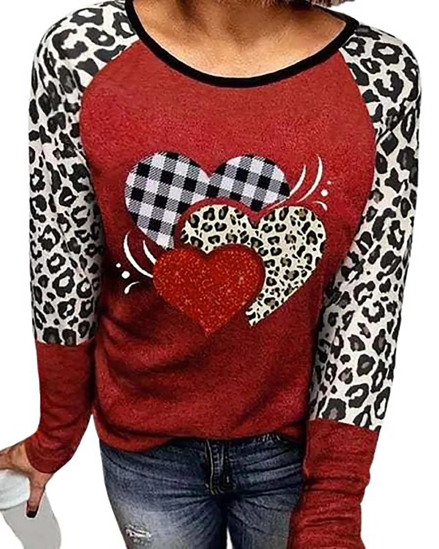Valentines Day Shirts for Women Funny Plaid Love Heart Graphic Valentines T-Shirt Plaid Striped Splicing Long Sleeve Tops