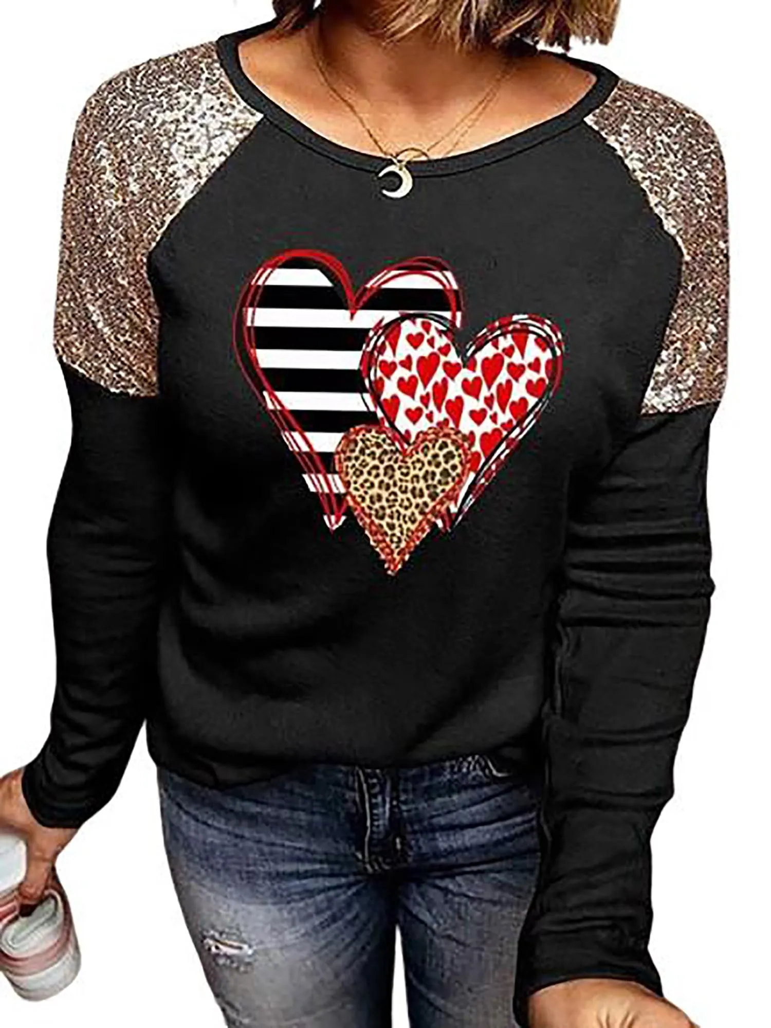 Valentines Day Shirts for Women Funny Plaid Love Heart Graphic Valentines T-Shirt Plaid Striped Splicing Long Sleeve Tops