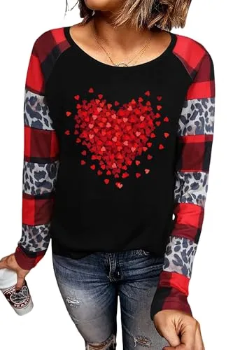 Valentines Day Shirts for Women Funny Plaid Love Heart Graphic Valentines T-Shirt Plaid Striped Splicing Long Sleeve Tops