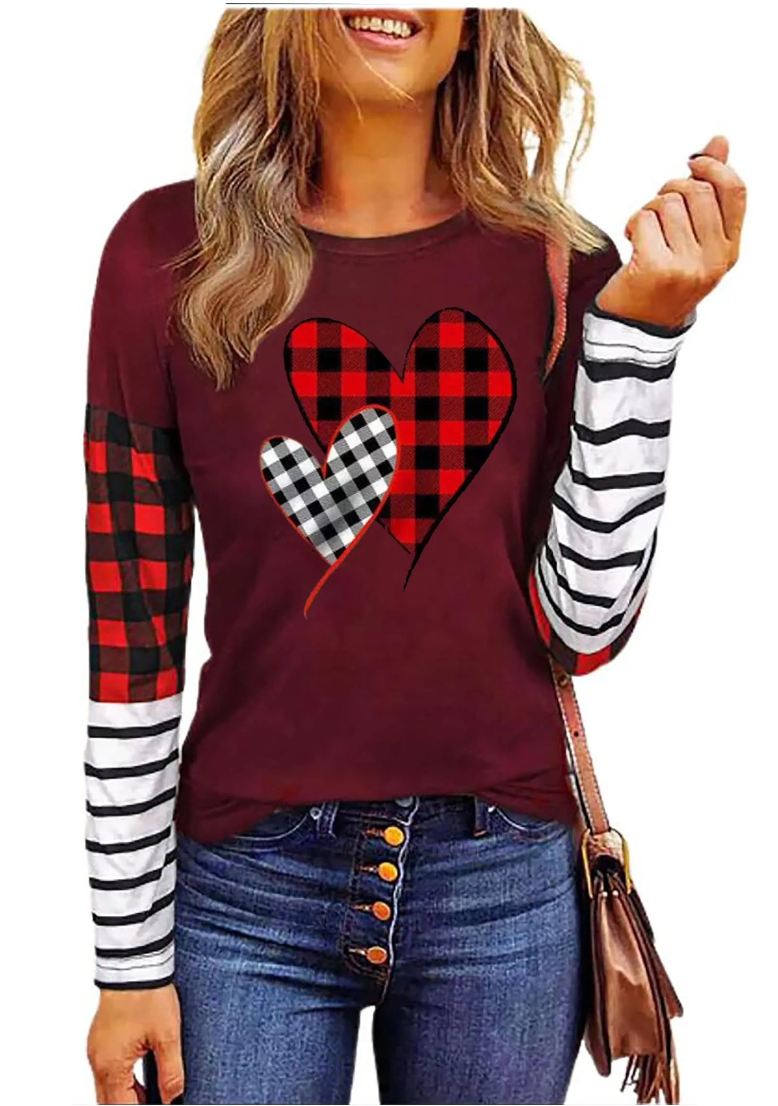 Valentines Day Shirts for Women Funny Plaid Love Heart Graphic Valentines T-Shirt Plaid Striped Splicing Long Sleeve Tops
