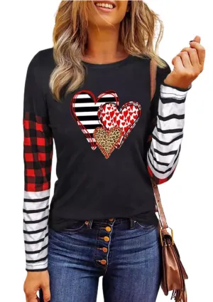 Valentines Day Shirts for Women Funny Plaid Love Heart Graphic Valentines T-Shirt Plaid Striped Splicing Long Sleeve Tops