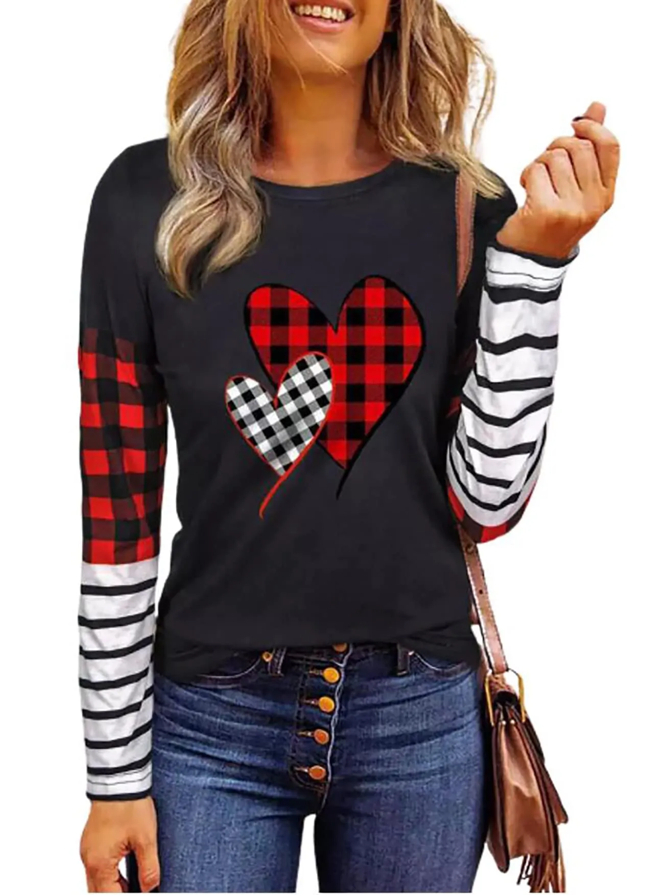 Valentines Day Shirts for Women Funny Plaid Love Heart Graphic Valentines T-Shirt Plaid Striped Splicing Long Sleeve Tops