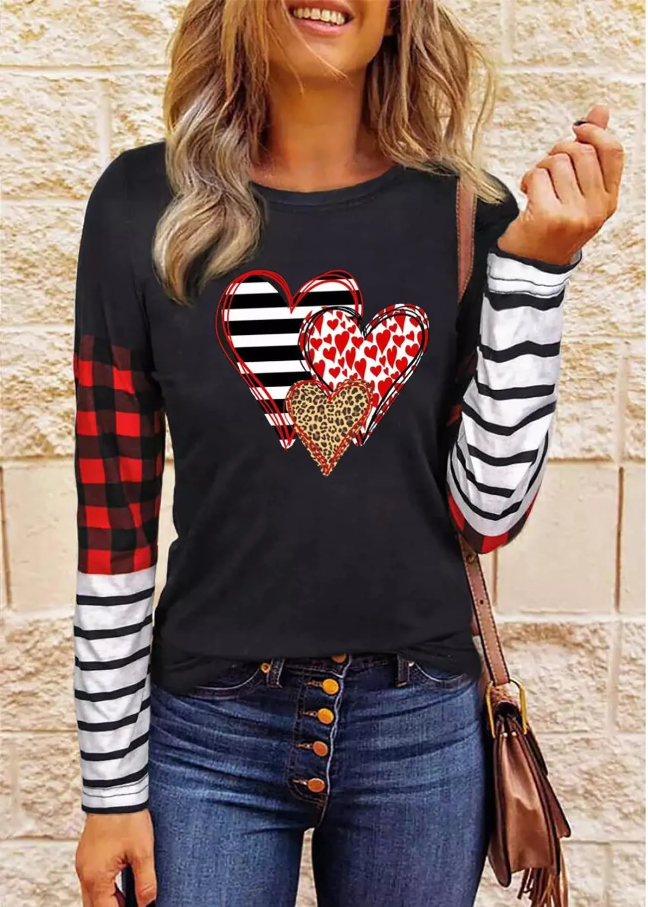 Valentines Day Shirts for Women Funny Plaid Love Heart Graphic Valentines T-Shirt Plaid Striped Splicing Long Sleeve Tops
