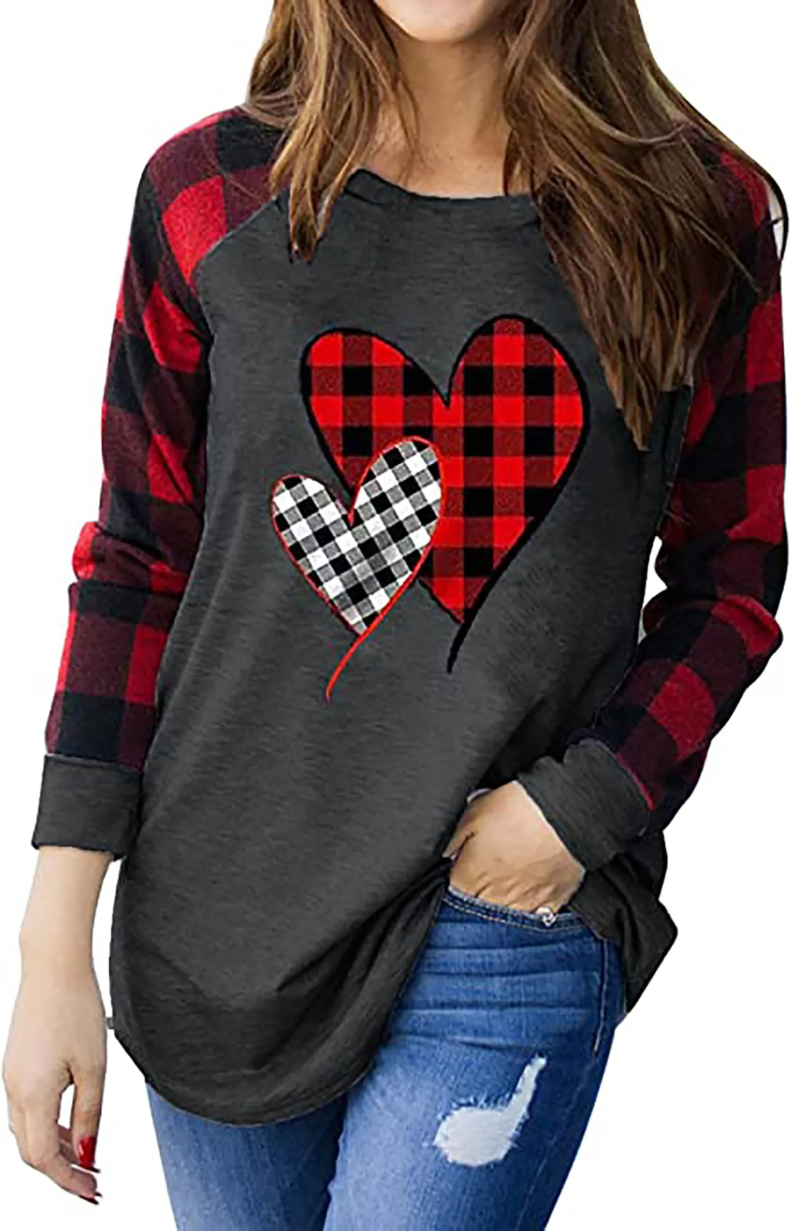 Valentines Day Shirts for Women Funny Plaid Love Heart Graphic Valentines T-Shirt Plaid Striped Splicing Long Sleeve Tops