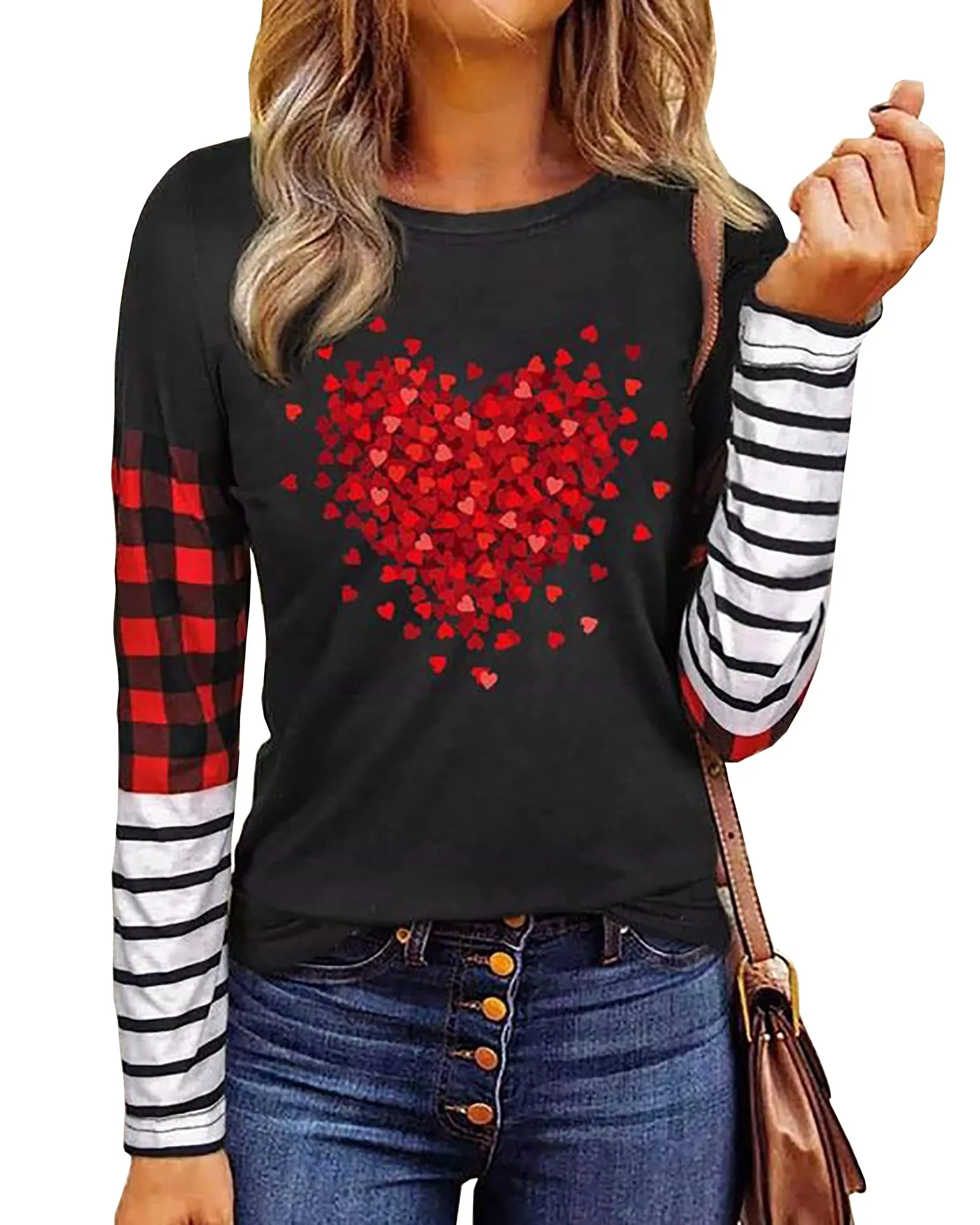 Valentines Day Shirts for Women Funny Plaid Love Heart Graphic Valentines T-Shirt Plaid Striped Splicing Long Sleeve Tops