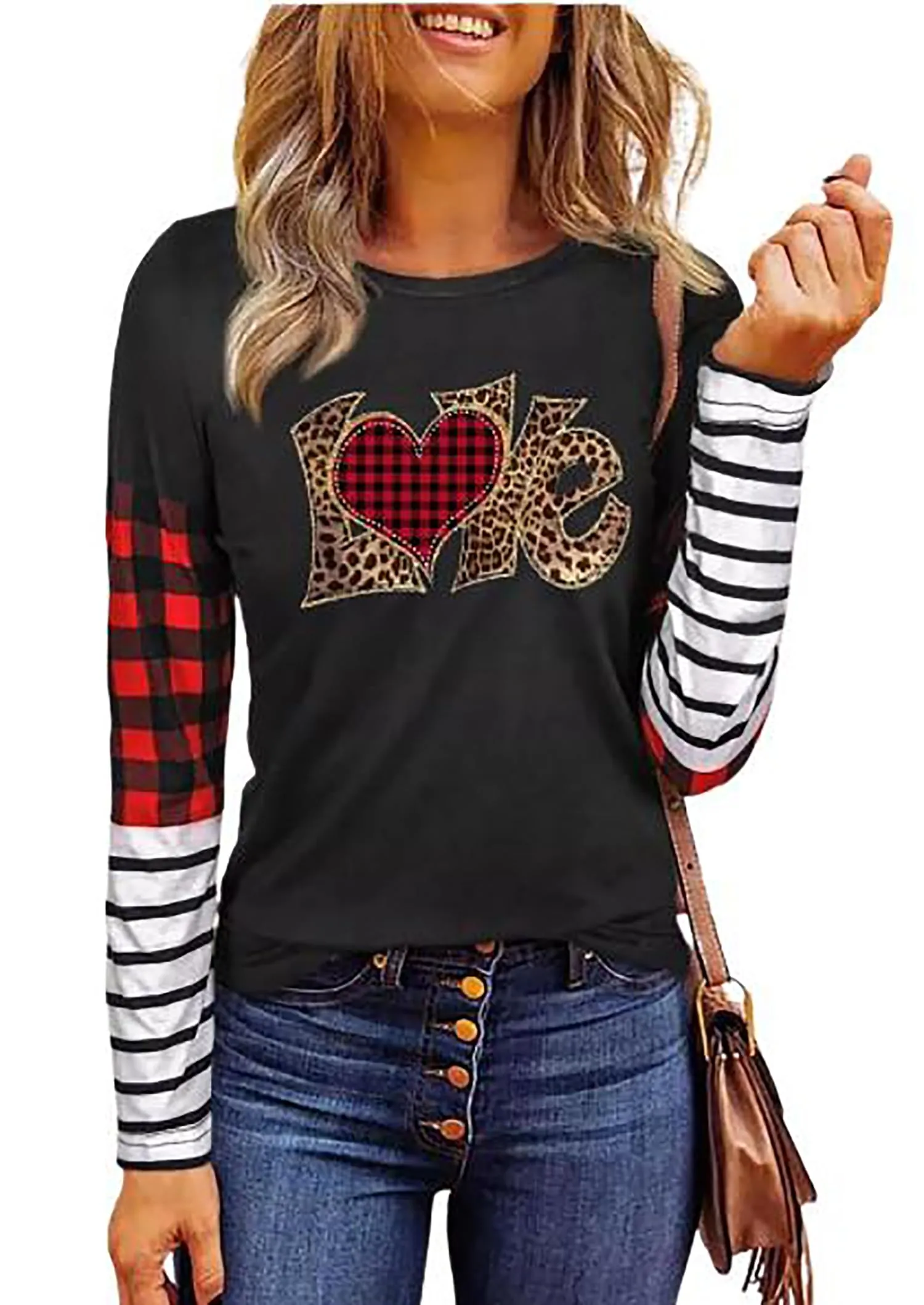 Valentines Day Shirts for Women Funny Plaid Love Heart Graphic Valentines T-Shirt Plaid Striped Splicing Long Sleeve Tops