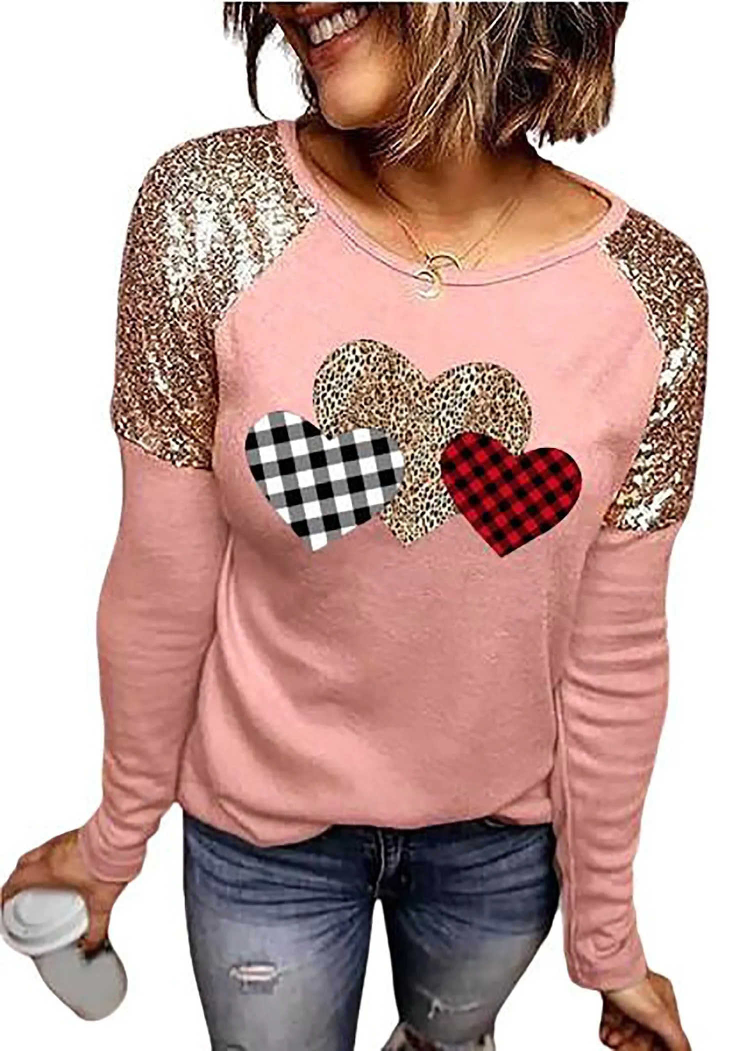 Valentines Day Shirts for Women Funny Plaid Love Heart Graphic Valentines T-Shirt Plaid Striped Splicing Long Sleeve Tops
