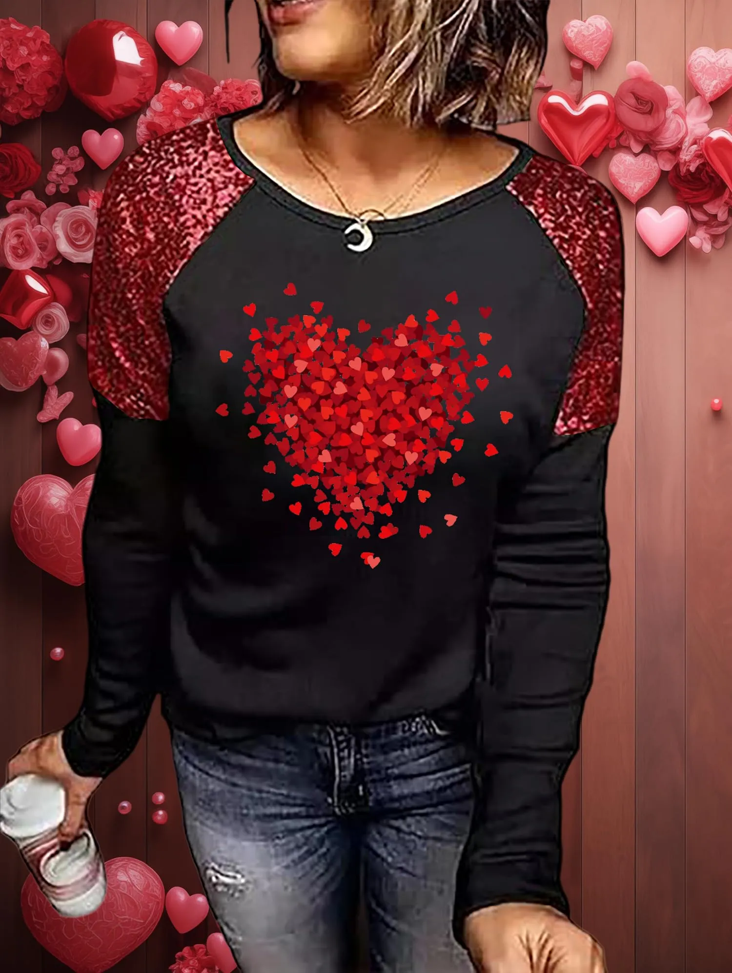 Valentines Day Shirts for Women Funny Plaid Love Heart Graphic Valentines T-Shirt Plaid Striped Splicing Long Sleeve Tops