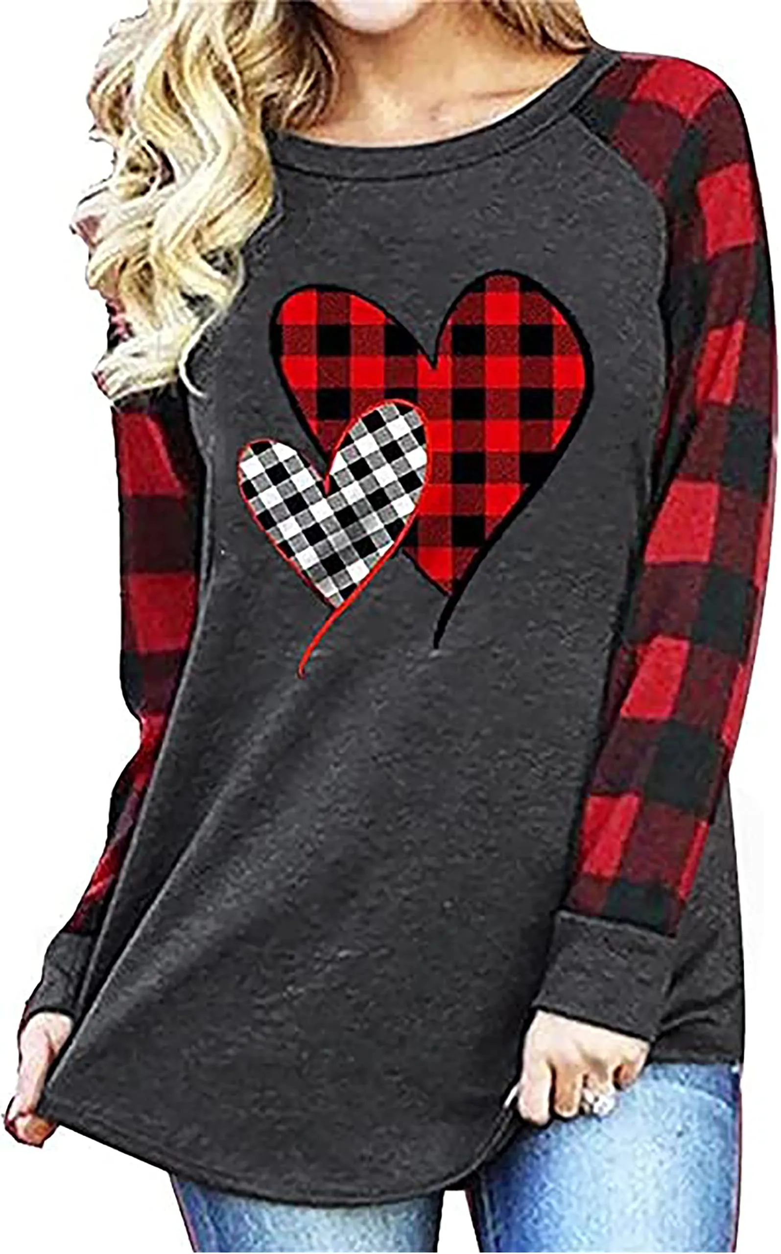 Valentines Day Shirts for Women Funny Plaid Love Heart Graphic Valentines T-Shirt Plaid Striped Splicing Long Sleeve Tops