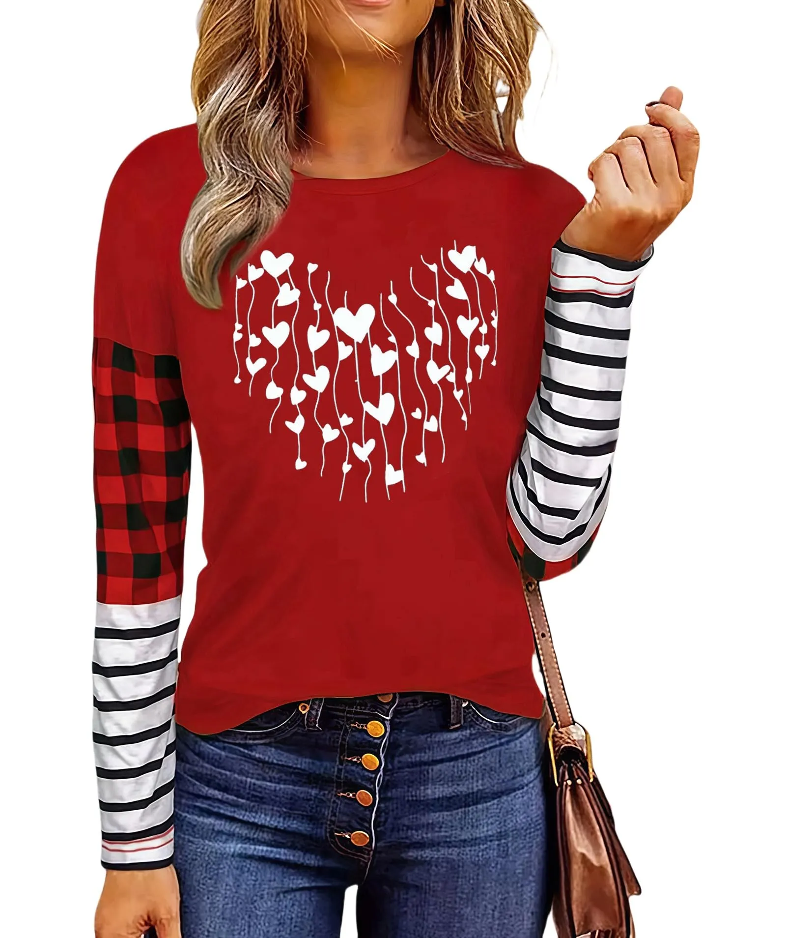 Valentines Day Shirts for Women Funny Plaid Love Heart Graphic Valentines T-Shirt Plaid Striped Splicing Long Sleeve Tops