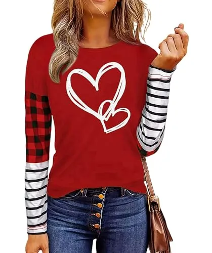 Valentines Day Shirts for Women Funny Plaid Love Heart Graphic Valentines T-Shirt Plaid Striped Splicing Long Sleeve Tops