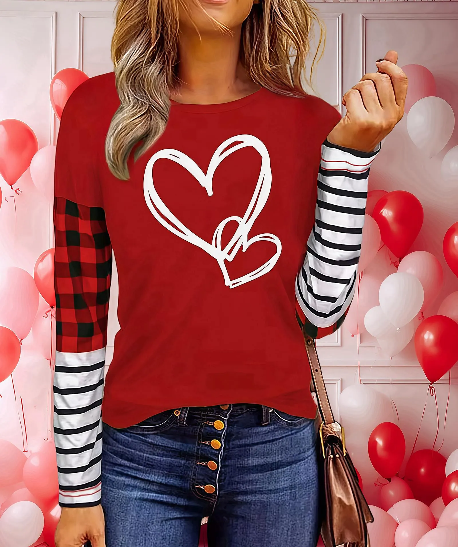 Valentines Day Shirts for Women Funny Plaid Love Heart Graphic Valentines T-Shirt Plaid Striped Splicing Long Sleeve Tops