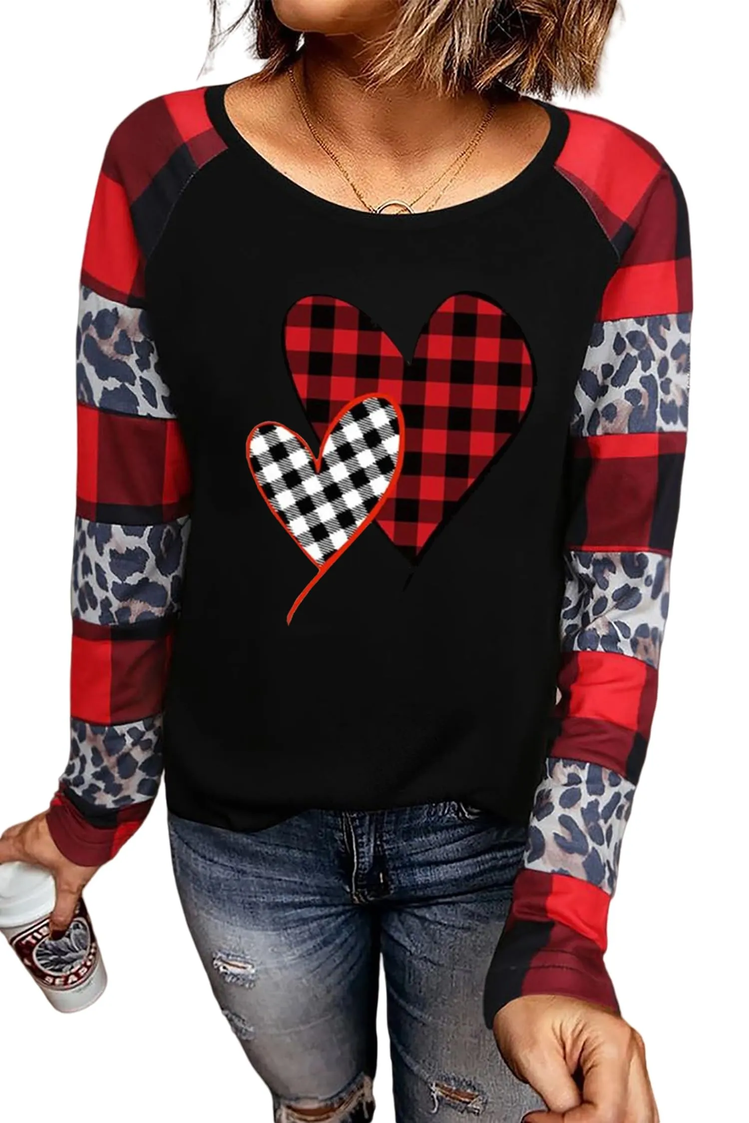 Valentines Day Shirts for Women Funny Plaid Love Heart Graphic Valentines T-Shirt Plaid Striped Splicing Long Sleeve Tops