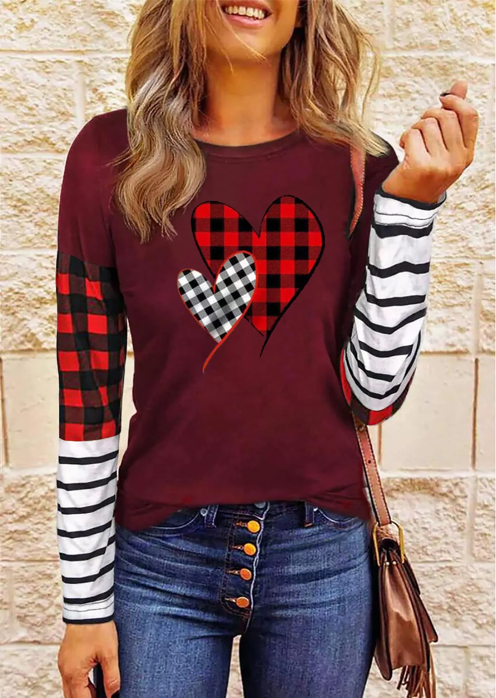 Valentines Day Shirts for Women Funny Plaid Love Heart Graphic Valentines T-Shirt Plaid Striped Splicing Long Sleeve Tops