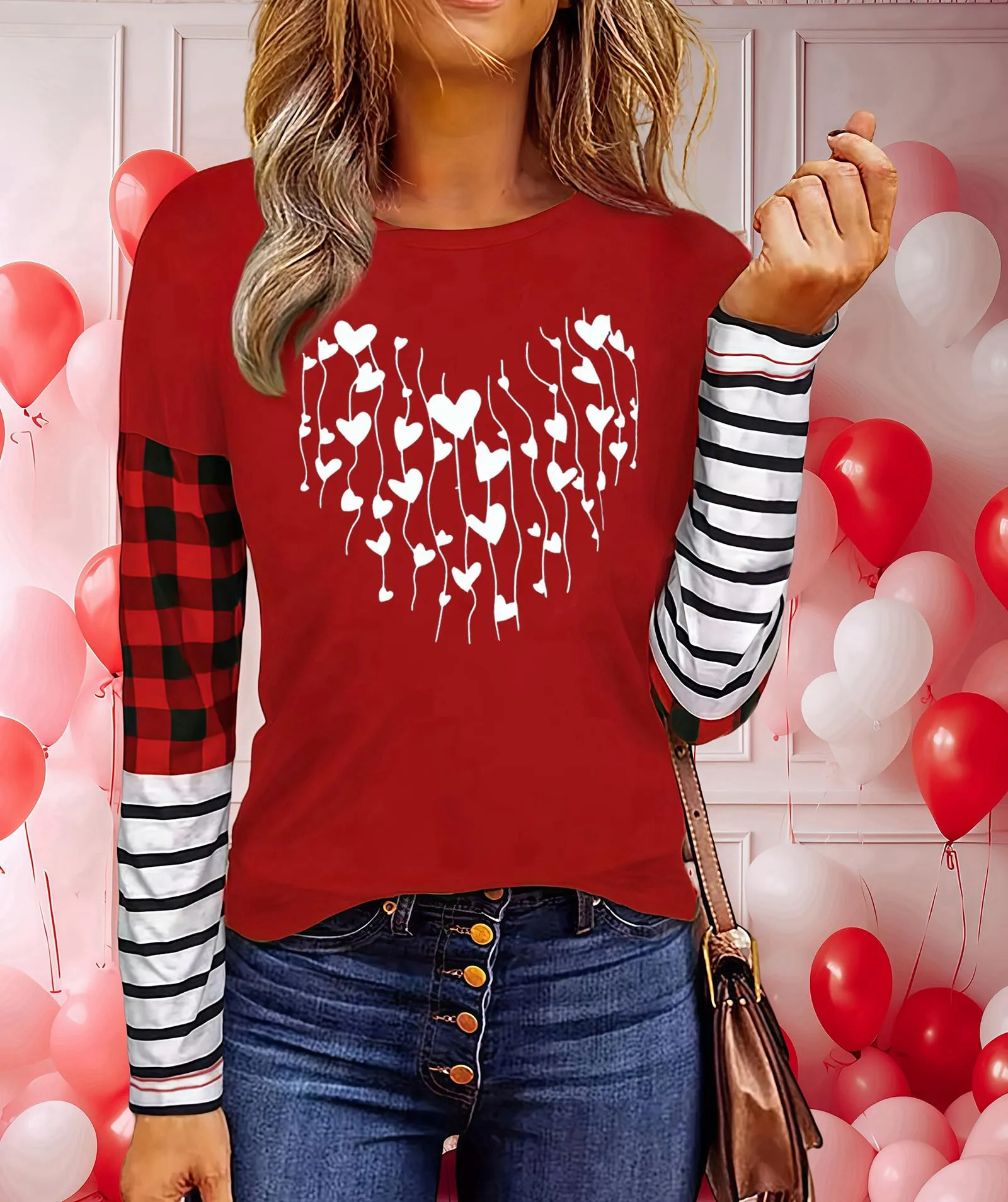 Valentines Day Shirts for Women Funny Plaid Love Heart Graphic Valentines T-Shirt Plaid Striped Splicing Long Sleeve Tops