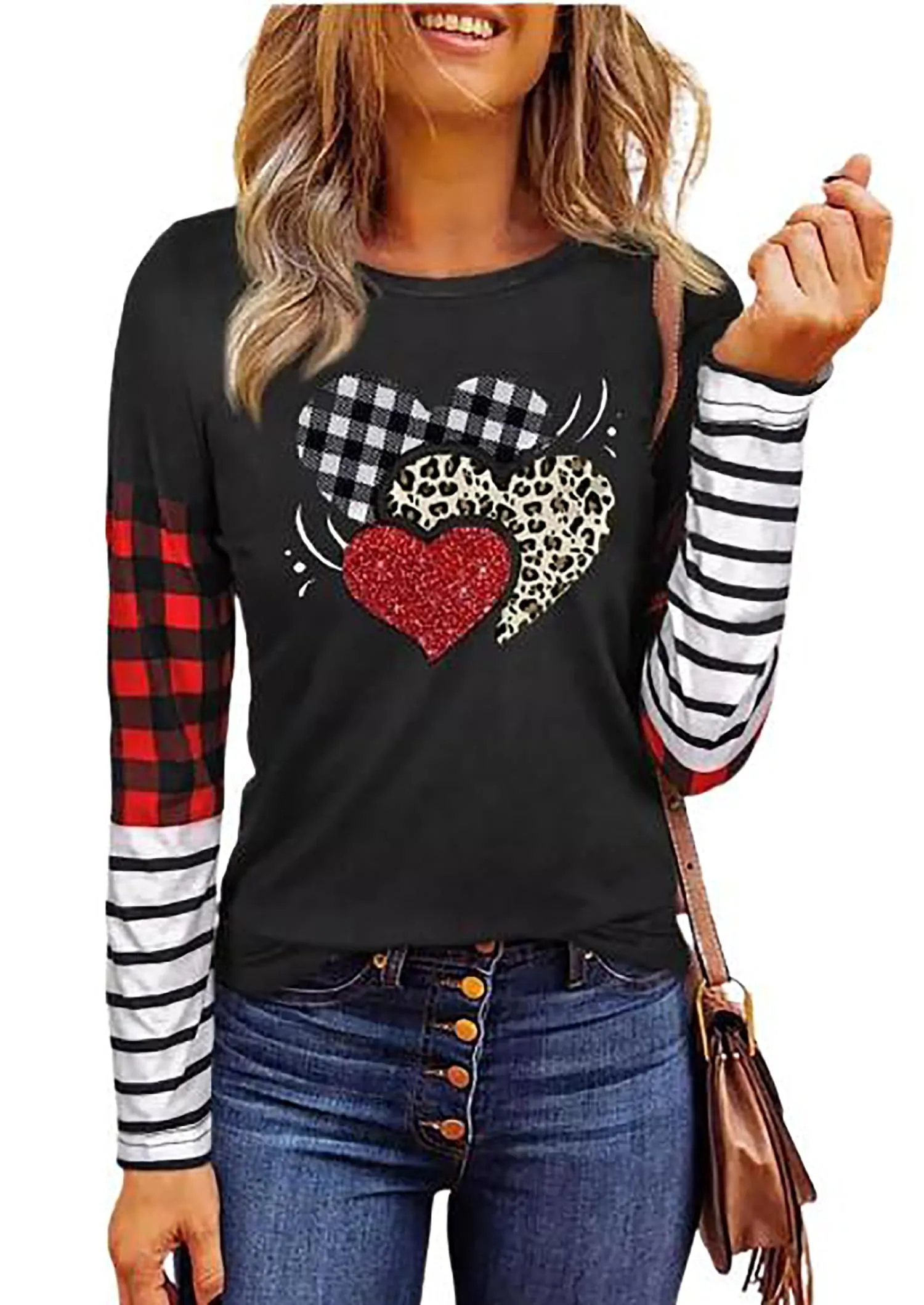 Valentines Day Shirts for Women Funny Plaid Love Heart Graphic Valentines T-Shirt Plaid Striped Splicing Long Sleeve Tops