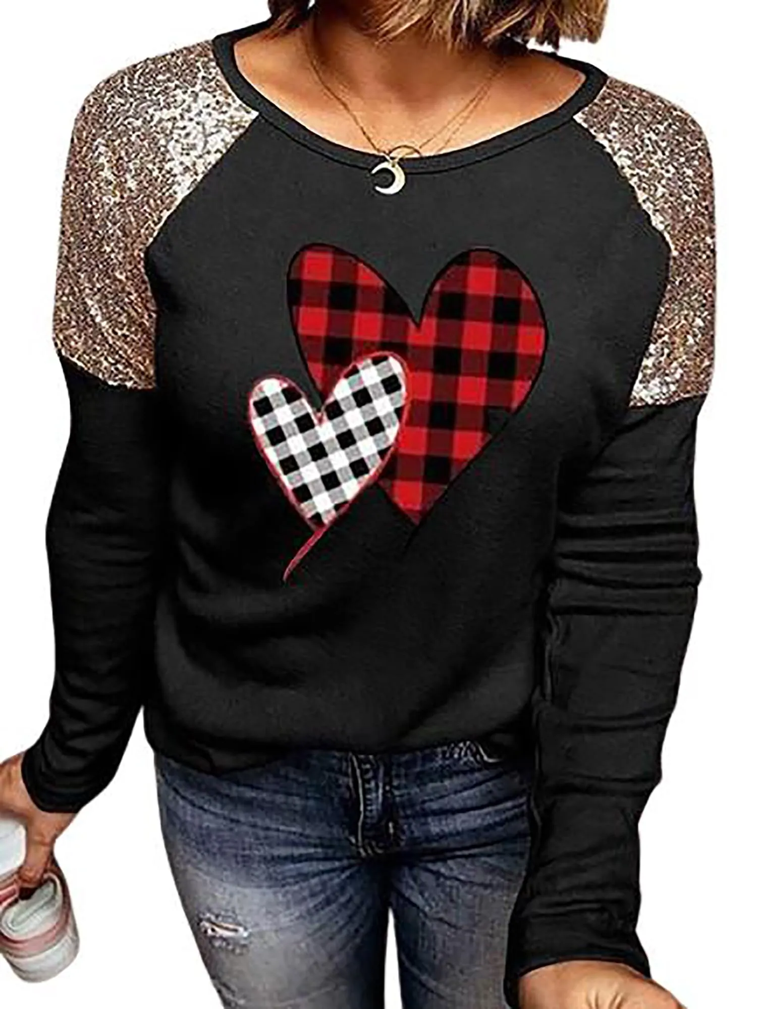Valentines Day Shirts for Women Funny Plaid Love Heart Graphic Valentines T-Shirt Plaid Striped Splicing Long Sleeve Tops