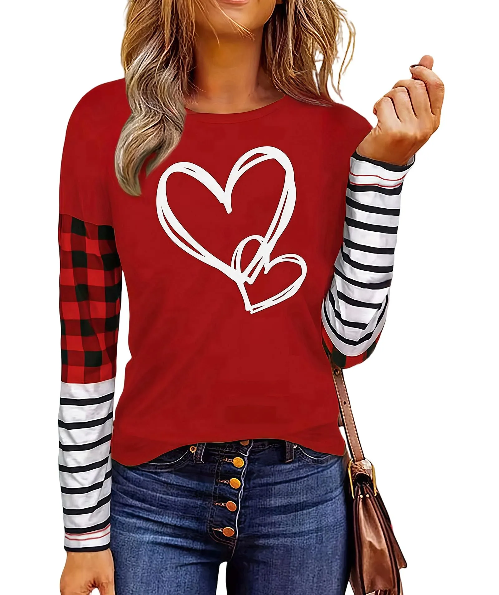Valentines Day Shirts for Women Funny Plaid Love Heart Graphic Valentines T-Shirt Plaid Striped Splicing Long Sleeve Tops