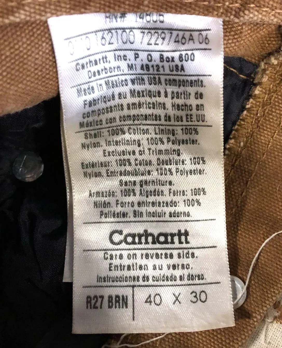 Vintage Carhartt R27 BRN Men's Quilt-Lined Brown Canvas Bib Overalls - Sz 40x30
