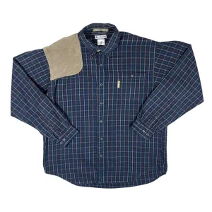 Vintage COLUMBIA Plaid Check Leather Shoulder Panel Long Sleeve Button-Up Flannel Shirt