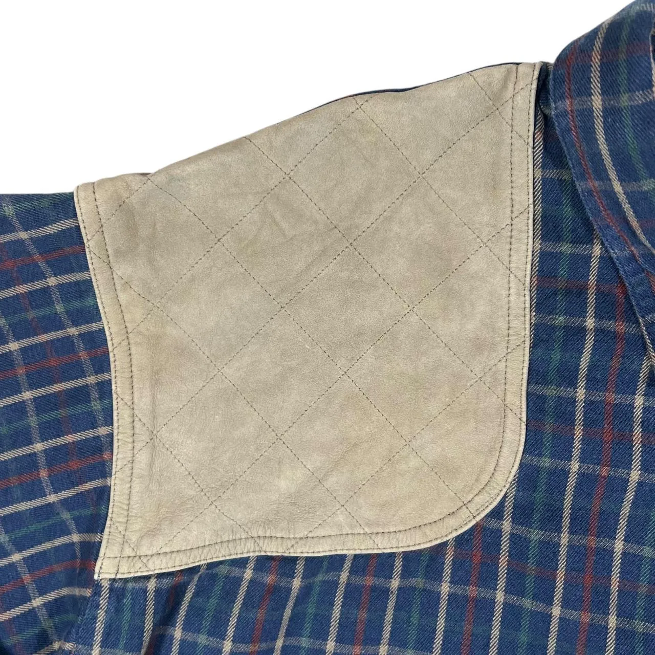 Vintage COLUMBIA Plaid Check Leather Shoulder Panel Long Sleeve Button-Up Flannel Shirt