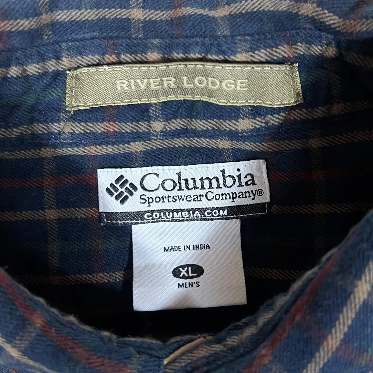 Vintage COLUMBIA Plaid Check Leather Shoulder Panel Long Sleeve Button-Up Flannel Shirt
