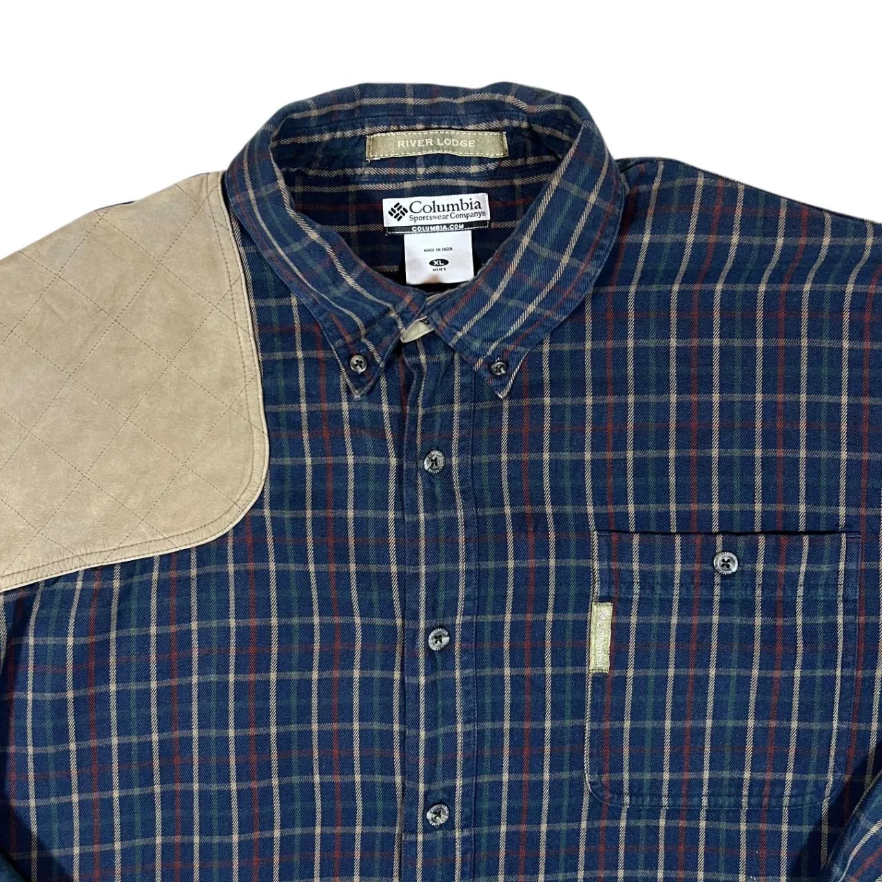 Vintage COLUMBIA Plaid Check Leather Shoulder Panel Long Sleeve Button-Up Flannel Shirt