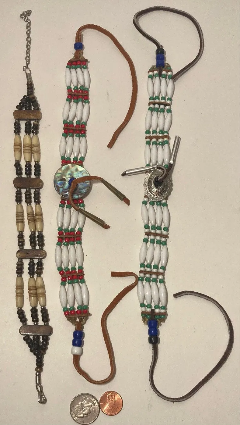 Vintage Lot of 3 Nice Western Necklaces, Chokers, Beads, Leather, Native, Nice Designs, Made in USA, Quality, Heavy Duty, Country