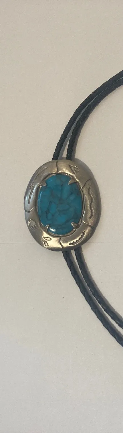 Vintage Metal Bolo Tie, Nice Blue Turquoise Stone Design, Nice Western Design, 2 1/2" x 2", Quality, Heavy Duty, Made in USA, Country