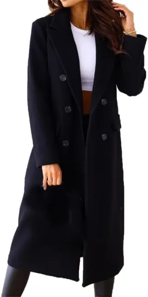 VIVICOLOR Womens Wool Overcoat Elegant Notch Lapel Wool Long Coat Double Breasted Wool Blend Topcoat