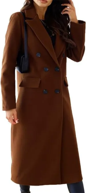 VIVICOLOR Womens Wool Overcoat Elegant Notch Lapel Wool Long Coat Double Breasted Wool Blend Topcoat