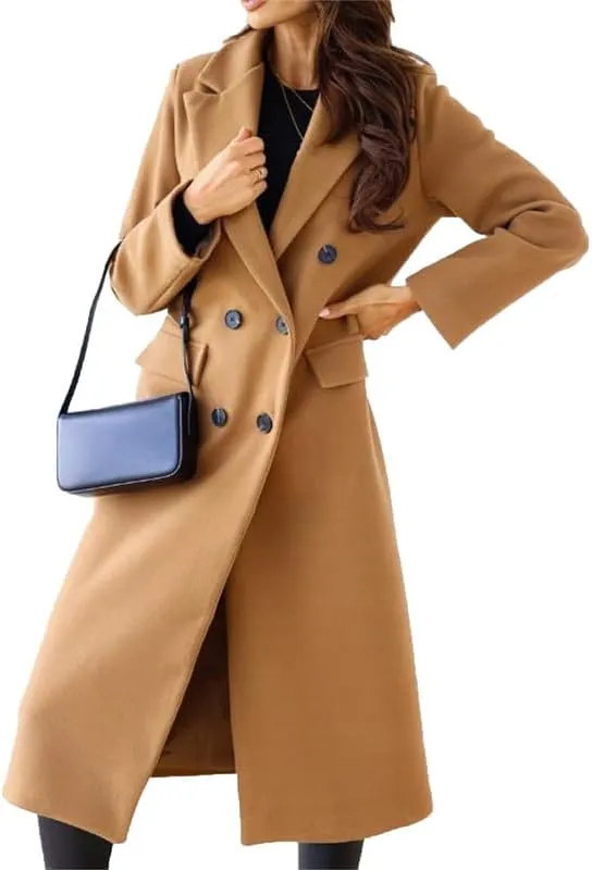 VIVICOLOR Womens Wool Overcoat Elegant Notch Lapel Wool Long Coat Double Breasted Wool Blend Topcoat